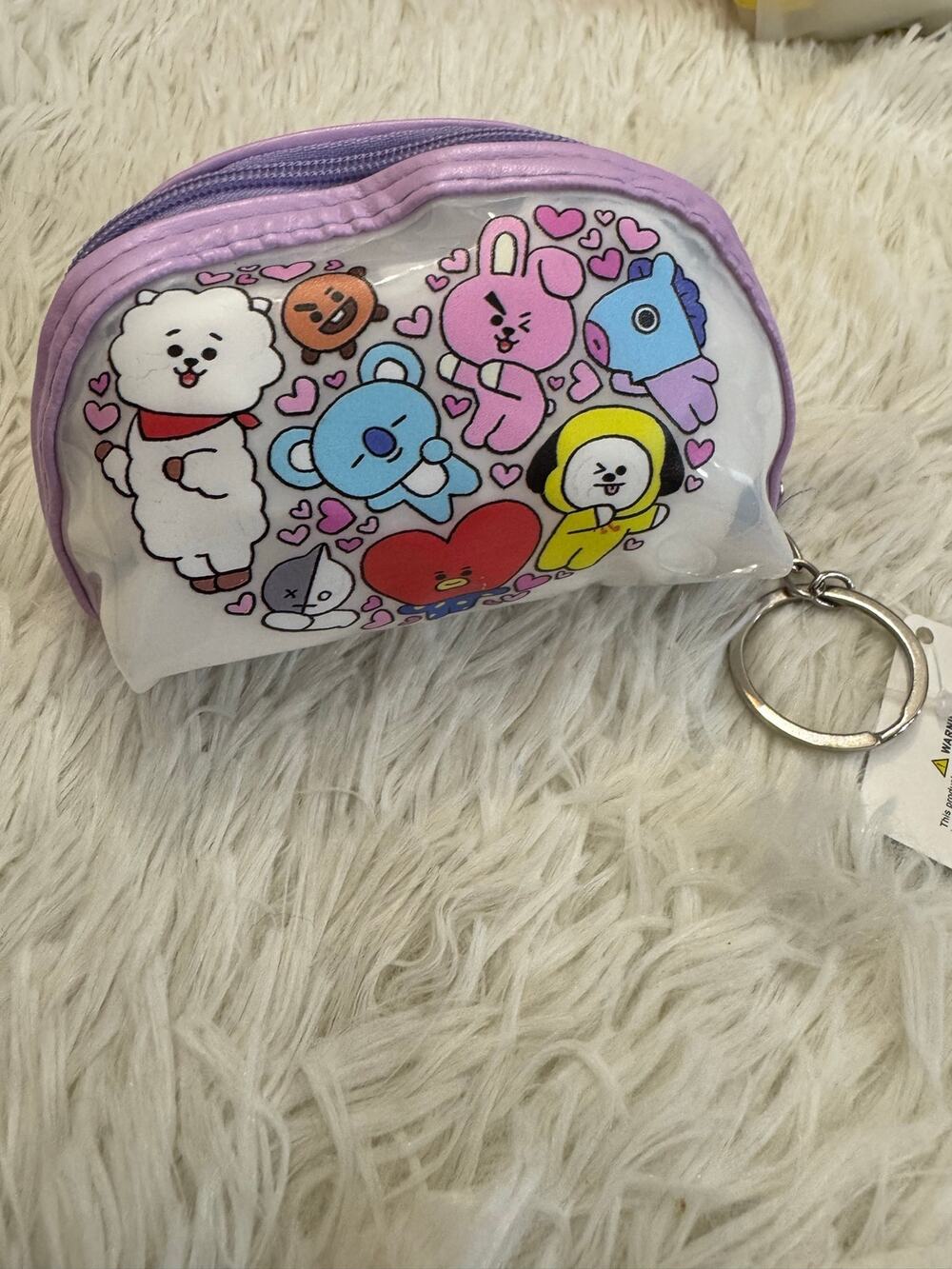 Purple & white BT21 coin purse keychain with cartoon characters and hearts